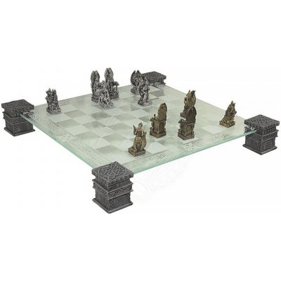 Mayer Chess Šachy Král Artuš, zlaté a stříbrné šachové figurky se skleněnou šachovnicí