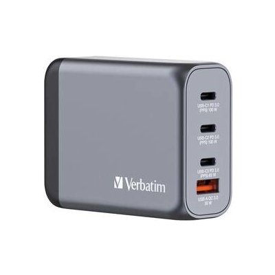 Nabíjačka do siete Verbatim GNC-100 GaN 100W, 3x USB-C PD 100/65W, 1x USB-A QC 3.0 (32202) strieborná