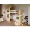 Benlemi Zvýšená posteľ CHALÚPKA s polovičnou strechou a úložnými schodmi 90x200 cm Zvoľte farbu: Nelakovaná, Zvoľte stranu: Vpravo