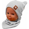 Baby Nellys Rebrovaná dvojvrstvová čiapka s uškami + šatka TEDDY - sivá, 56/62 (0-3m)