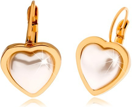 Šperky eshop oceľové náušnice zlatej farby perleťovo biely kamienok tvaru srdca S85.07