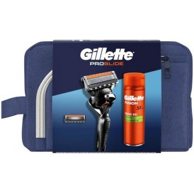 Gillette Proglide holiaci strojček + náhradná hlavica + Fusion Senitive gel 200 ml + stojan na strojček + kozmetická taška darčeková sada