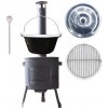 Goulash Cauldron kotlík na guláš smalt 1,2 mm 16 l, Goulash Cauldron rošt na grilovanie 40 cm, Goulash Cauldron nízka žiaruvzdorná kotlina 39 cm PLUS 600, pokrievka nerez 41 cm, vareška 50 cm SMREK