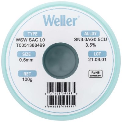 Weller WSW SAC L0 spájkovací cín bez olova cievka Sn3,0Ag0,5Cu 100 g 0.5 mm