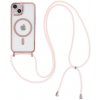 AppleMix Kryt pre Apple iPhone 15 - podpora MagSafe - pokovovaný + šnúrka na zavesenie - gumový - priehľadný / Rose Gold