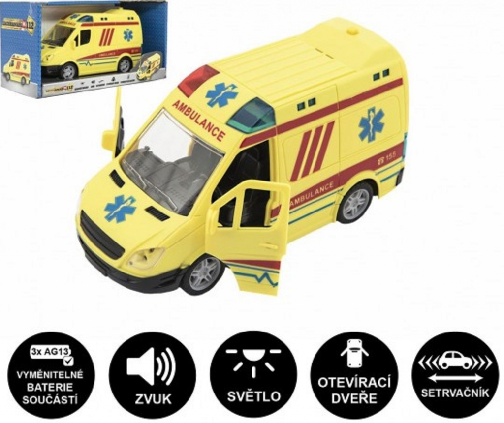 Teddies Auto ambulancie plast 20cm na zotrvačník na batérie so zvukom sa svetlom v krabici 26x15x12cm