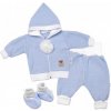 Baby Nellys 3-dielna súprava Hand made pletený kabátik kalhoty a topánočky modrá