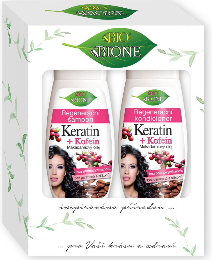 Bione Cosmetics Keratin & Kofein Makadamiový olej regenerační vlasový šampon 260 ml + regenerační kondicionér 260 ml darčeková sada