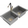 MEXEN/S MEXEN/S - Mario granitový drez 2-bowl vrátane batérie Flora, šedá 6504-71-670401-57-G