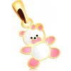 Šperky eshop - Zlatý prívesok 585 - macko zdobený ružovou a bielou glazúrou GG34.30