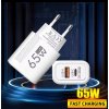 NABÍJAČKA SIEŤOVÁ PD 65W 2 PORTY QC 3.0 USB C + USB RÝCHLY NAPÁJACÍ ADAPTÉR