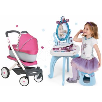 Set Kosmetický stolík pre deti Frozen Smoby so stoličkou a kočík pre bábiku Maxi Cosi & Quinny 3v1 70 cm rúčka