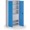Policová dielenská skriňa 2-dverová, 4 police + 4 zásuvky, 1950 × 950 × 500 mm, modré dvere