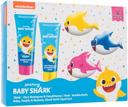 Pinkfong Baby Shark pěna do koupele Baby Shark 75 ml + 2in1 šampon a kondicionér Baby Shark 75 ml + hračka do koupele 3 ks darčeková sada