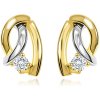 Šperky eshop - Dvojfarebné náušnice v 14K zlate - tri zahnuté línie, okrúhly žiarivý briliant BT501.30
