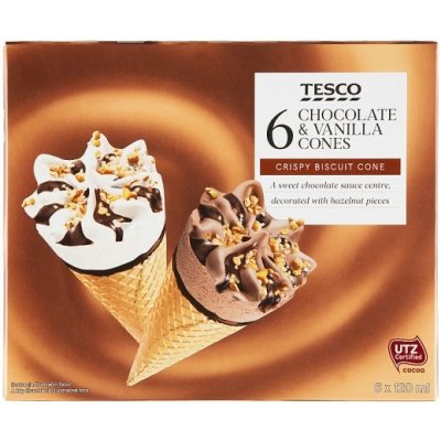 Tesco Mrazený krém vanilkový a čokoládový v oblátkovom kornúte 6 x 120 ml