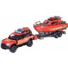 Autíčko hasičské s prívesom a loďou Land Rover Fire Rescue Majorette kovové so zvukom a svetlom dĺžka 33,5 cm