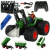 Diaľkovo ovládaný RC poľnohospodársky traktor s dvojitými kolesami, vidlicou a prívesom