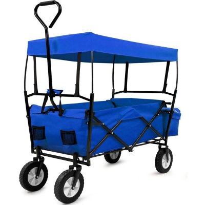 Zahradní přepravní vozík skládací se stříškou a taškou černý / modrý