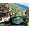 zuty Rieka medzi domami a obrastený mostík 100 x 80 cm vypnuté plátno na rám 8596530036876