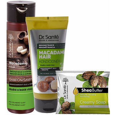 Dr. Santé Macadamia šampón pre oslabené a poškodené vlasy 250 ml + kondicionér pre oslabené vlasy 200 ml + čistiace tuhé mydlo na tvár 100 g darčeková sada