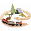 Tender Leaf Toys Drevená vláčiková dráha v horách Treetops Train Set s vlakom zvieratkami a chatou