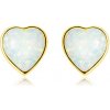 Šperky eshop - Zlaté 14K náušnice - pravidelné srdce s vypuklým syntetickým bielym opálom, puzetky S1GG233.10