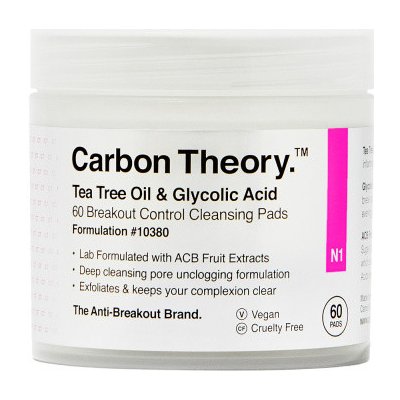 Carbon Theory Čistiace pleťové tampóny Tea Tree Oil & Glycolic Acid Breakout Control (Cleansing Pads) 60 ks