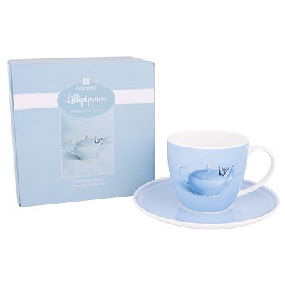 Porcelánový šálka na kávu a čaj s tanierikom ASHDENE LILIPIPPINS MOTÝĽ MODRÁ 250 ml