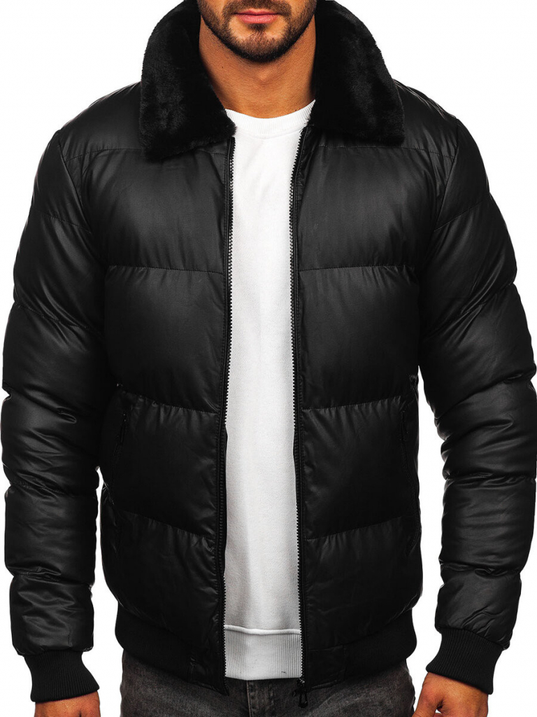 Bolf Čierna pánska prešívaná koženková zimná bunda M8301