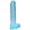 Gélové dildo RealRock Crystal Clear 10″ modré, dildo s prísavkou a semenníkmi 27,5 x 5,3 cm