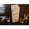 Jenga veža drevená so 4 pohárikmi na shoty - spoločenská párty hra pre 2 – 4 hráčov