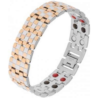 Šperky eshop lesklý náramok z ocele zlatá a strieborná vzor šachovnice magnety SP31.01
