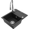 Mexen Enzo, 1-komorový granitový drez 576x465x174 mm a drezová batéria Savita, čierna-strieborná metalíza, 6506-73-672601-00