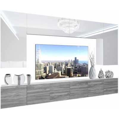 Obývacia stena Belini Premium Full Version biely lesk šedý antracit Glamour Wood LED osvetlenie Nexum 20