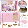 JOKO Veľká Detská Drevená Kuchynka Rose Elegance s Tečúcou vodou, zvukom a svetlom + Zlaté hrnce a kuchynské náradie, ružová