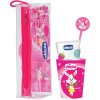 Chicco Travel Set cestovné púzdro 1 ks + zubná kefka pre deti 1 ks + Strawberry 12 m+ detská zubná pasta 50 ml + pohár na zubnú kefku 1 ks