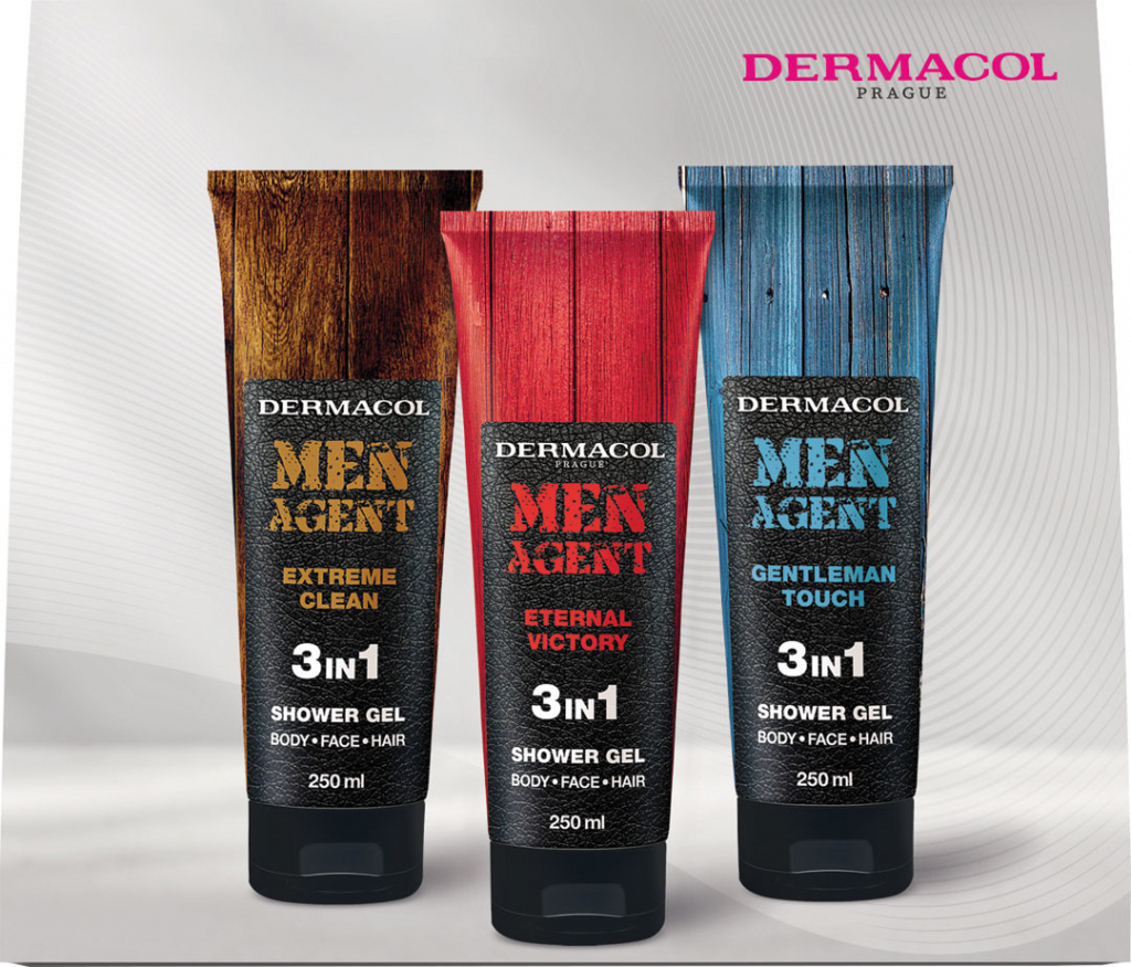 Dermacol Men Agent sprchový gél na tvár, telo a vlasy pre mužov 250 ml + sprchový gél 3v1 250 ml + Extreme Clean sprchový gél pre mužov 3v1 250 ml