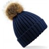 Beechfield Pletená čiapka s kožušinovým brmbolcom Pom Pom Chunky - Námornícka modrá