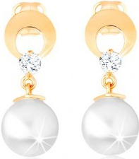 Šperky eshop zlaté náušnice kruh s výrezom a čírym diamantom visiaca biela perla BT502.18