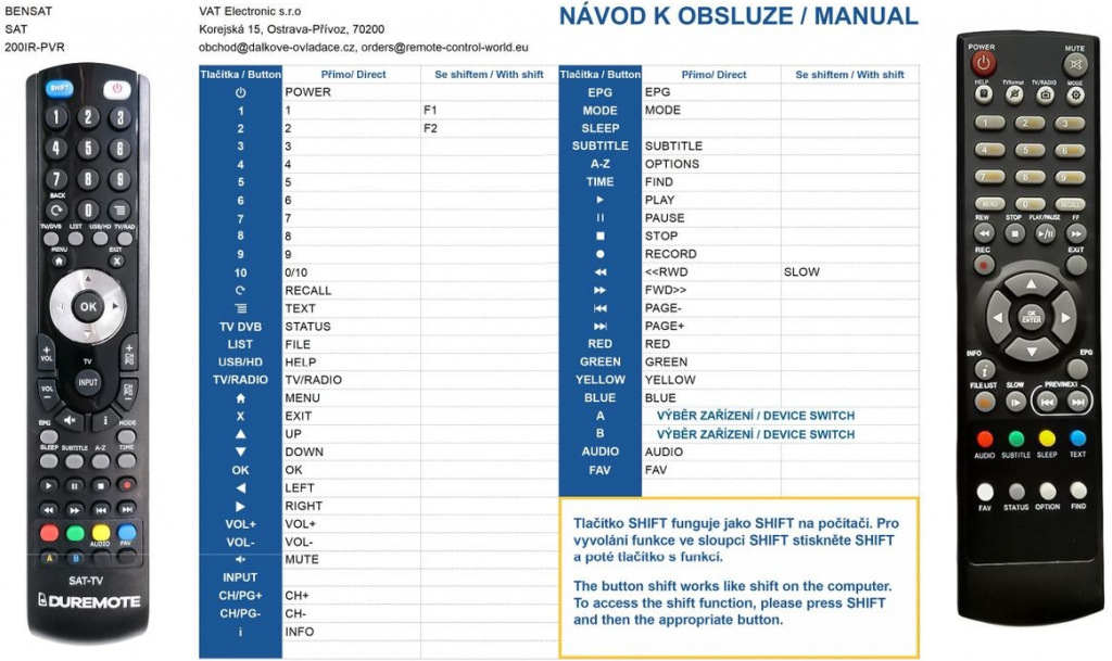 Diaľkový ovládač General Bensat 200IR, 210IR PVR, 250IR PVR, 290IR