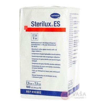 Sterilux ES kompres nesterilný 17 vlákien 8 vrstiev 7,5 cm x 7,5 cm 100 ks