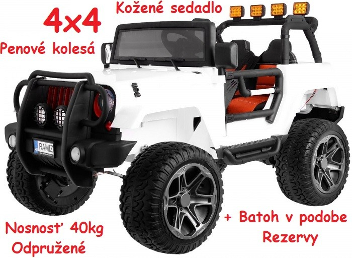 Joko Elektrické autíčko Jeep Monster 4x4 penové kolesá kožené sedadlo USB nosnosť 40kg + Batoh biela