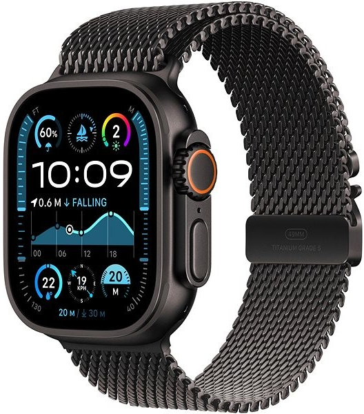 Apple Watch Ultra 2 49 mm čierny titán s čiernym titánovým milánskym ťahom L MX5V3CS/A