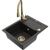 Mexen Enzo, 1-komorový granitový drez 576x465x174 mm a drezová batéria Savita, čierna-zlatá metalíza, 6506-75-672601-50