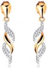 Šperky eshop zlaté náušnice ligotavé vlnky visiace na lesklej kvapke krištáliky Swarovski GG188.28