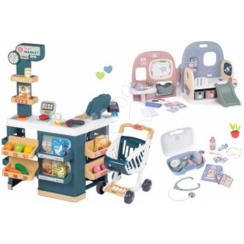 Smoby Set obchod elektronický s váhou a skenerom Super Market a domček pre bábiku s 5 miestnosťami a opatrovateľský kufrík