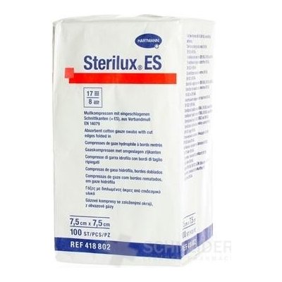 STERILUX ES NEST. kompres nesterilný, so založenými okrajmi 17 vlákien 8 vrstiev (7,5cmx7,5cm) 1x100 ks
