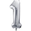 PartyDeco Fóliový balón narodeninové číslo 1 strieborný 86cm