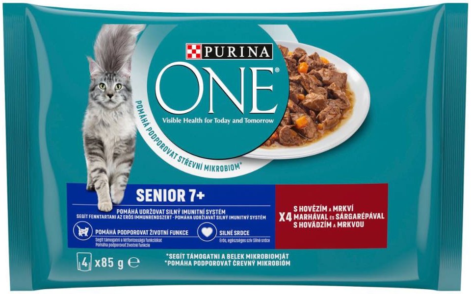 PURINA ONE SENIOR 7+ mini filetky s hovädzím a mrkvou s šťave 4 x 85 g